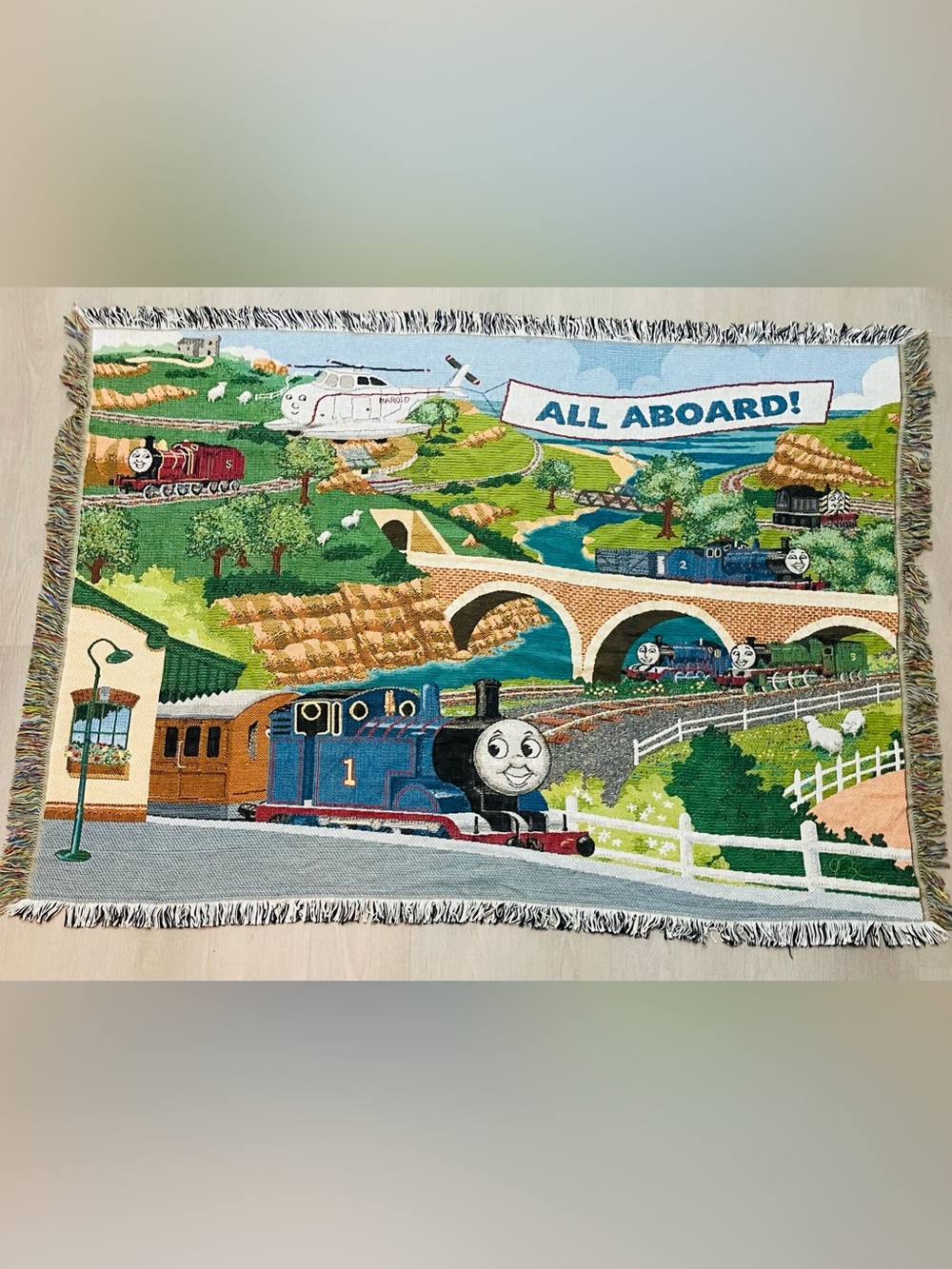 Vintage Thomas & Friends "All Aboard!" tapestry woven throw blanket Mohawk Home